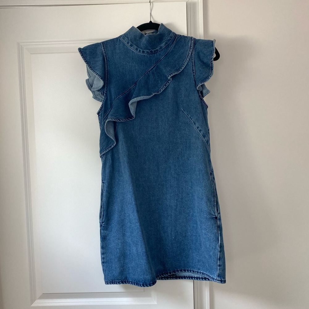 McGuire Denim Mini Dress with high neck and ruffle detail - pockets!
